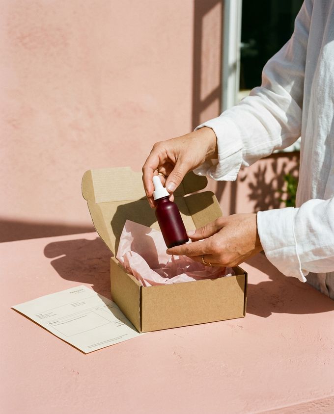 Hands packing a serum bottle into a shipping box with pink tissue