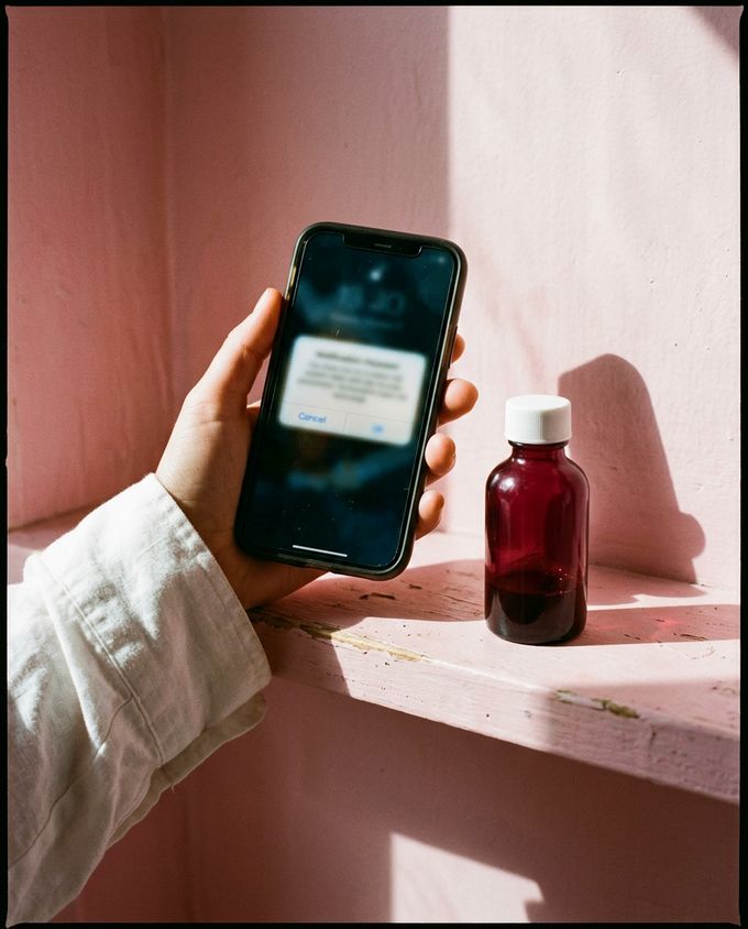 A phone showing a post-purchase email next to the serum bottle